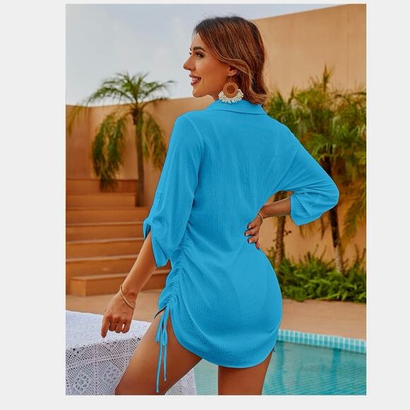 Swimsuit Cover-up - Blue- 3/4 Rolled Sleeves - Ruched with Ties - Small/Medium - Picture 7 of 14